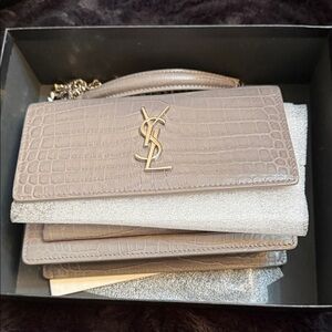 Yves Saint Laurent Beige Croc-Embossed Clutch